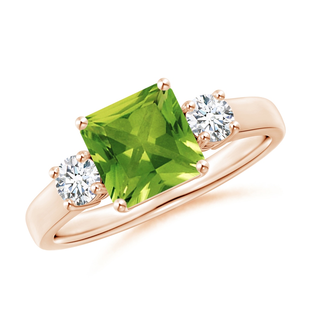 7mm AAAA Square Emerald-Cut Peridot and Diamond Three Stone Ring in Rose Gold