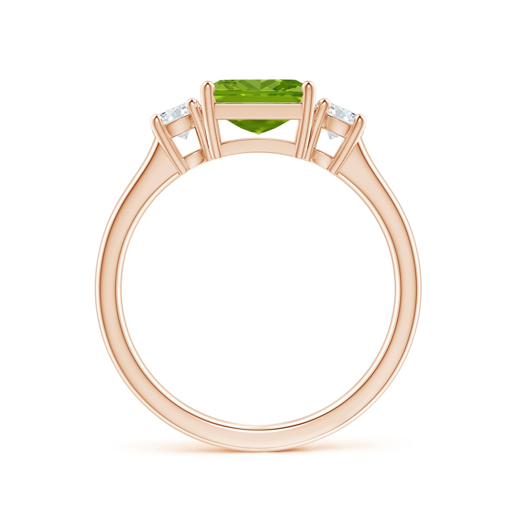 7mm AAAA Square Emerald-Cut Peridot and Diamond Three Stone Ring in Rose Gold - side 1