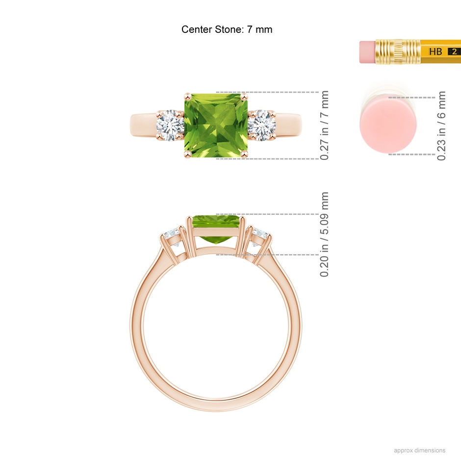 7mm AAAA Square Emerald-Cut Peridot and Diamond Three Stone Ring in Rose Gold ruler
