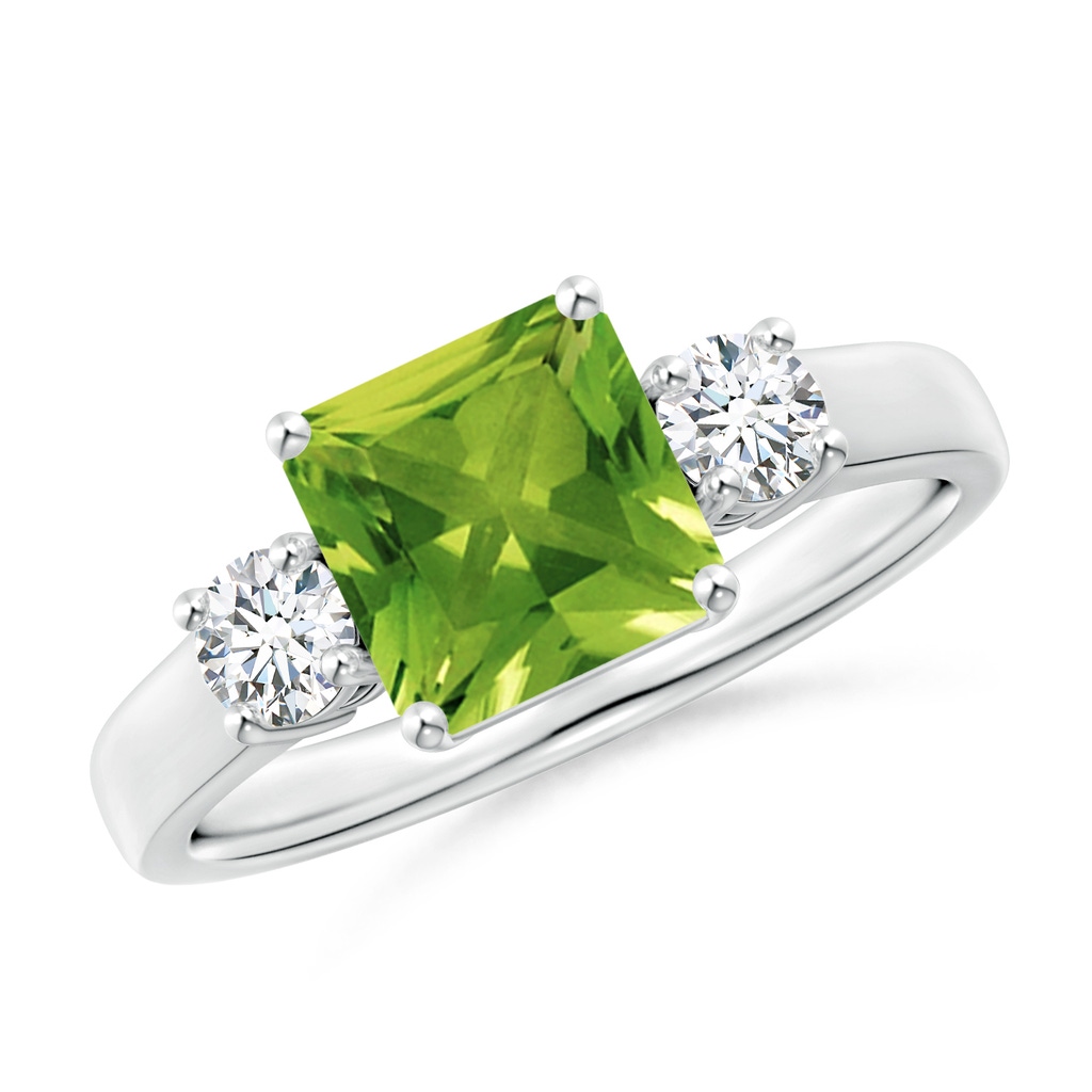 7mm AAAA Square Emerald-Cut Peridot and Diamond Three Stone Ring in White Gold