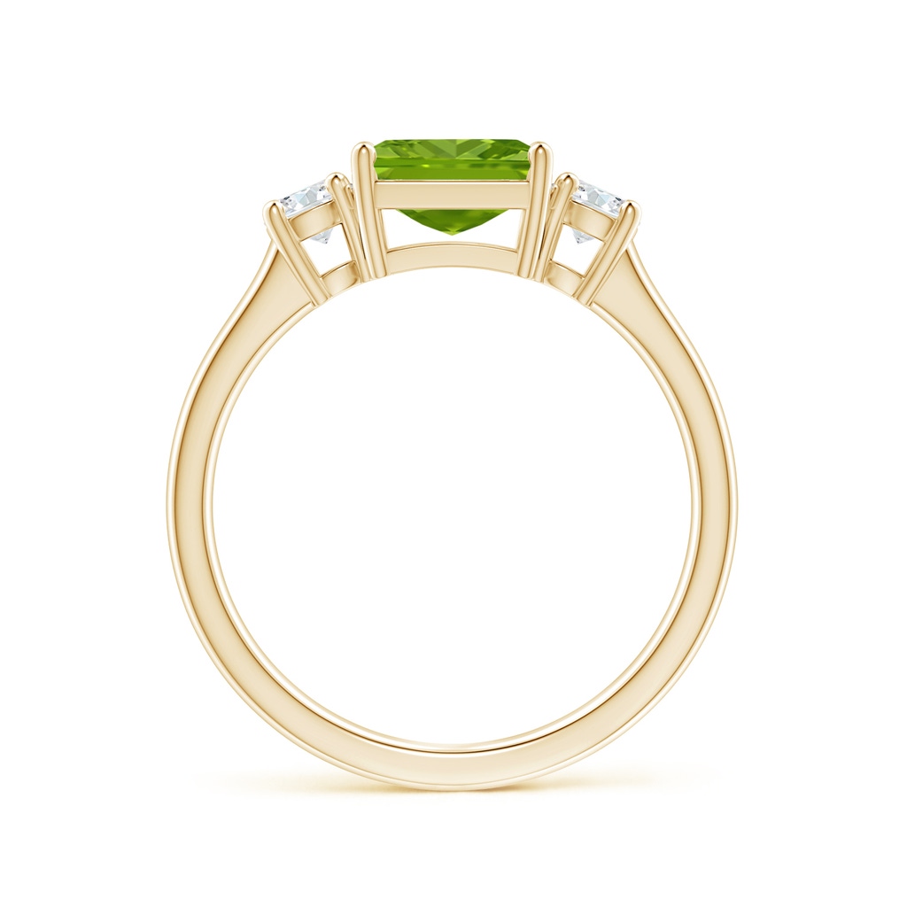 7mm AAAA Square Emerald-Cut Peridot and Diamond Three Stone Ring in Yellow Gold - side 1