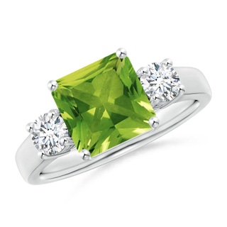 8mm AAAA Square Emerald-Cut Peridot and Diamond Three Stone Ring in P950 Platinum