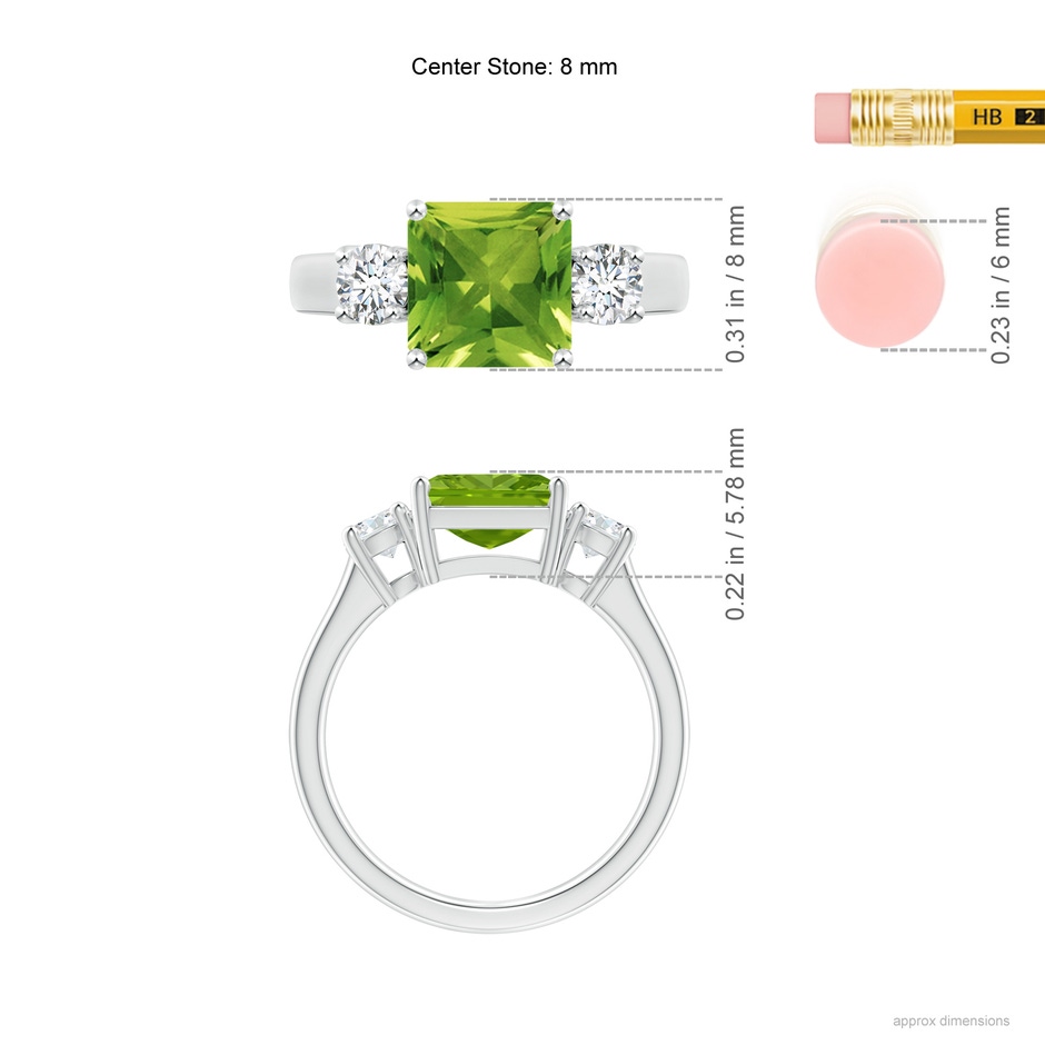 8mm AAAA Square Emerald-Cut Peridot and Diamond Three Stone Ring in P950 Platinum ruler