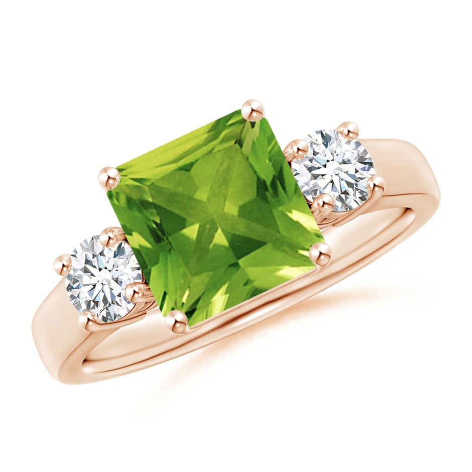 8mm AAAA Square Emerald-Cut Peridot and Diamond Three Stone Ring in Rose Gold 