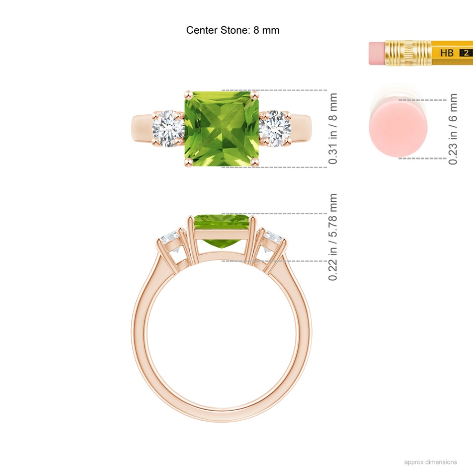 8mm AAAA Square Emerald-Cut Peridot and Diamond Three Stone Ring in Rose Gold ruler