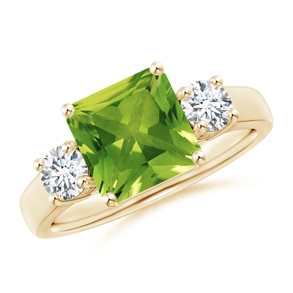 8mm AAAA Square Emerald-Cut Peridot and Diamond Three Stone Ring in Yellow Gold