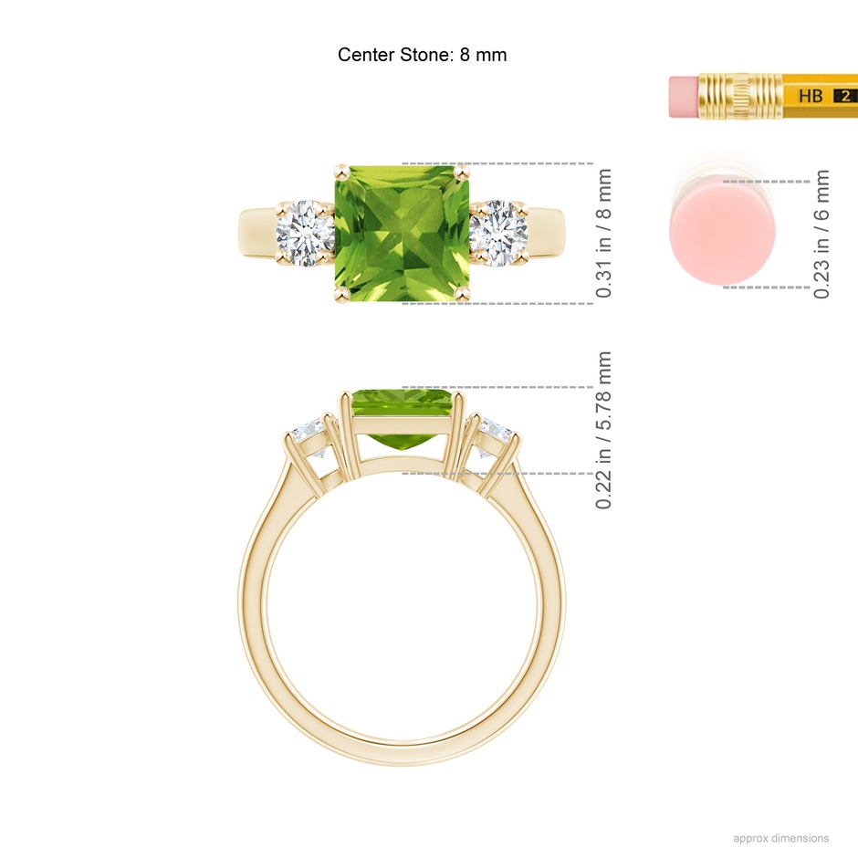 8mm AAAA Square Emerald-Cut Peridot and Diamond Three Stone Ring in Yellow Gold ruler