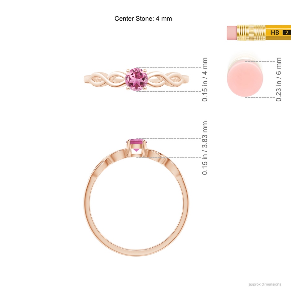 4mm AAA Solitaire Pink Tourmaline Infinity Shank Ring in Rose Gold ruler