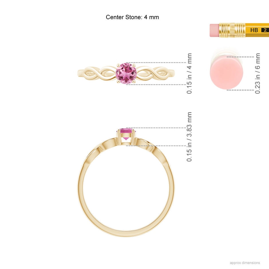 4mm AAA Solitaire Pink Tourmaline Infinity Shank Ring in Yellow Gold ruler