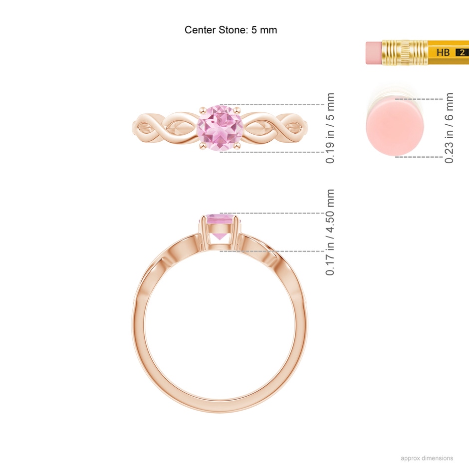 5mm A Solitaire Pink Tourmaline Infinity Shank Ring in Rose Gold ruler
