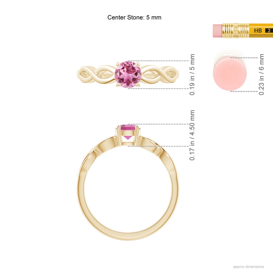 5mm AAA Solitaire Pink Tourmaline Infinity Shank Ring in Yellow Gold ruler