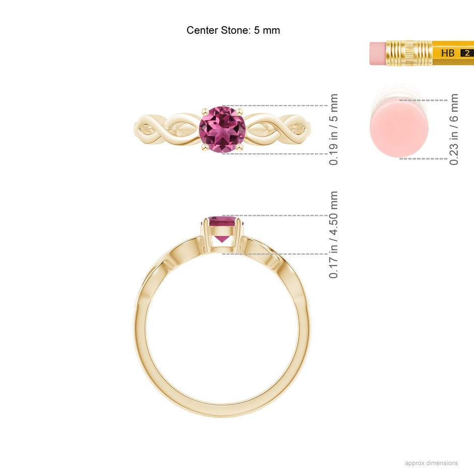 5mm AAAA Solitaire Pink Tourmaline Infinity Shank Ring in Yellow Gold ruler