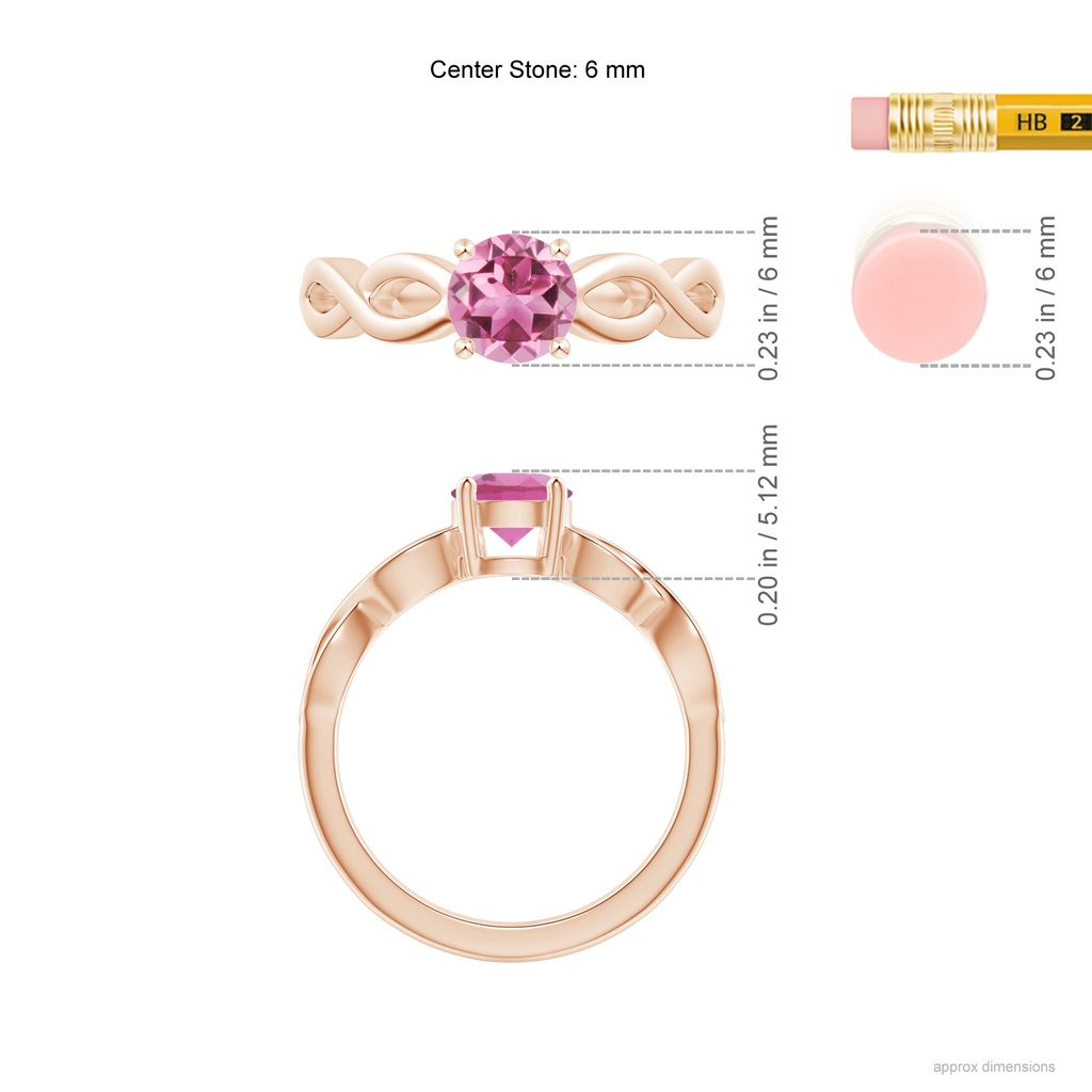 6mm AAA Solitaire Pink Tourmaline Infinity Shank Ring in Rose Gold Ruler