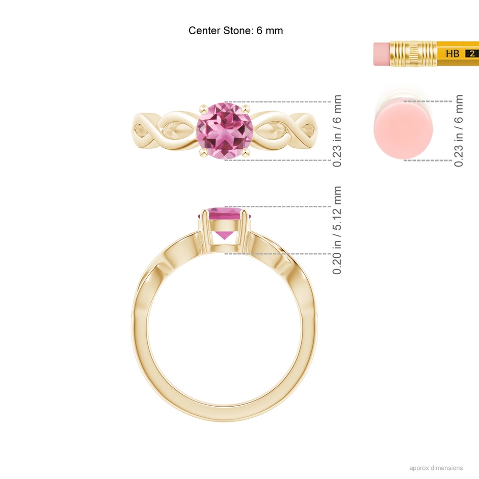 6mm AAA Solitaire Pink Tourmaline Infinity Shank Ring in Yellow Gold ruler