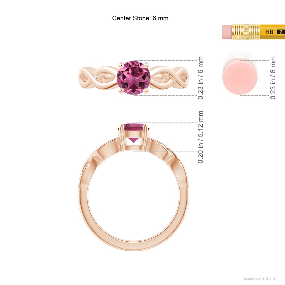6mm AAAA Solitaire Pink Tourmaline Infinity Shank Ring in Rose Gold ruler