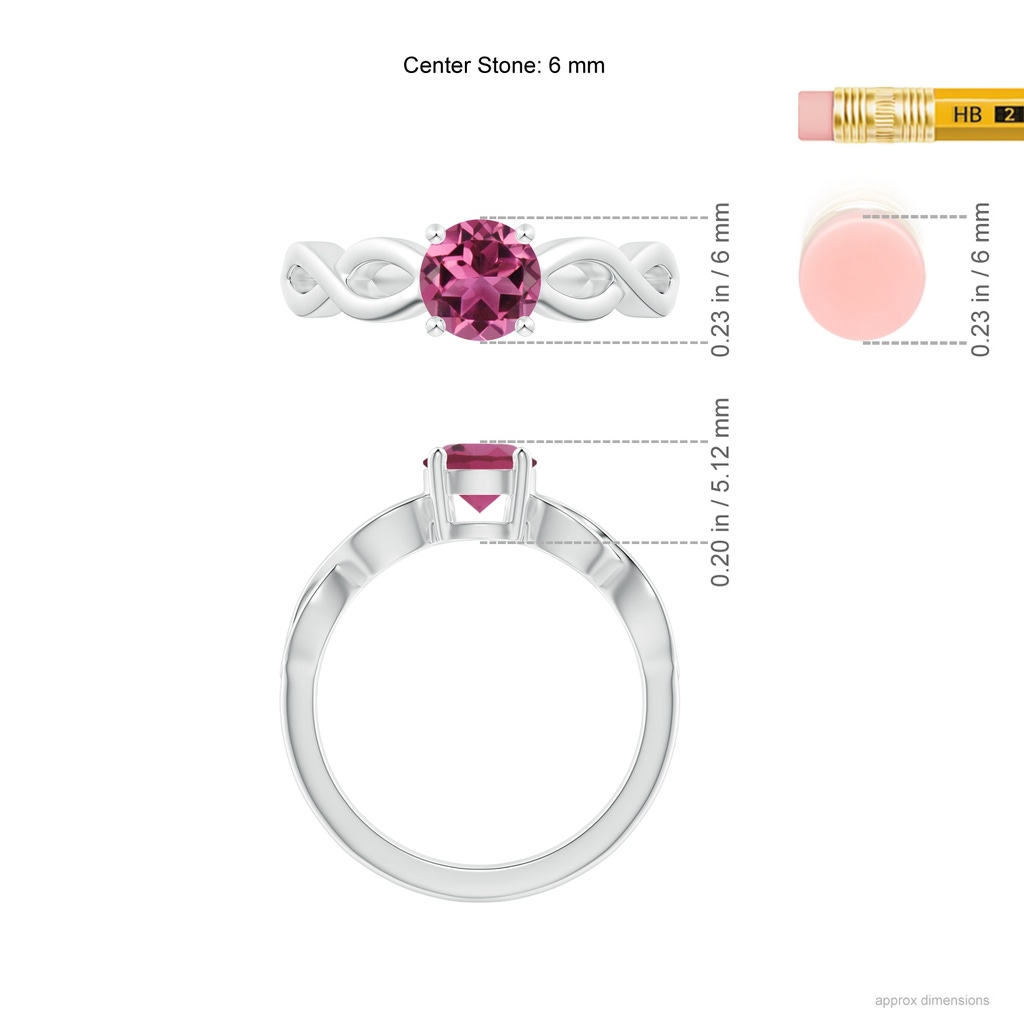 6mm AAAA Solitaire Pink Tourmaline Infinity Shank Ring in White Gold Ruler