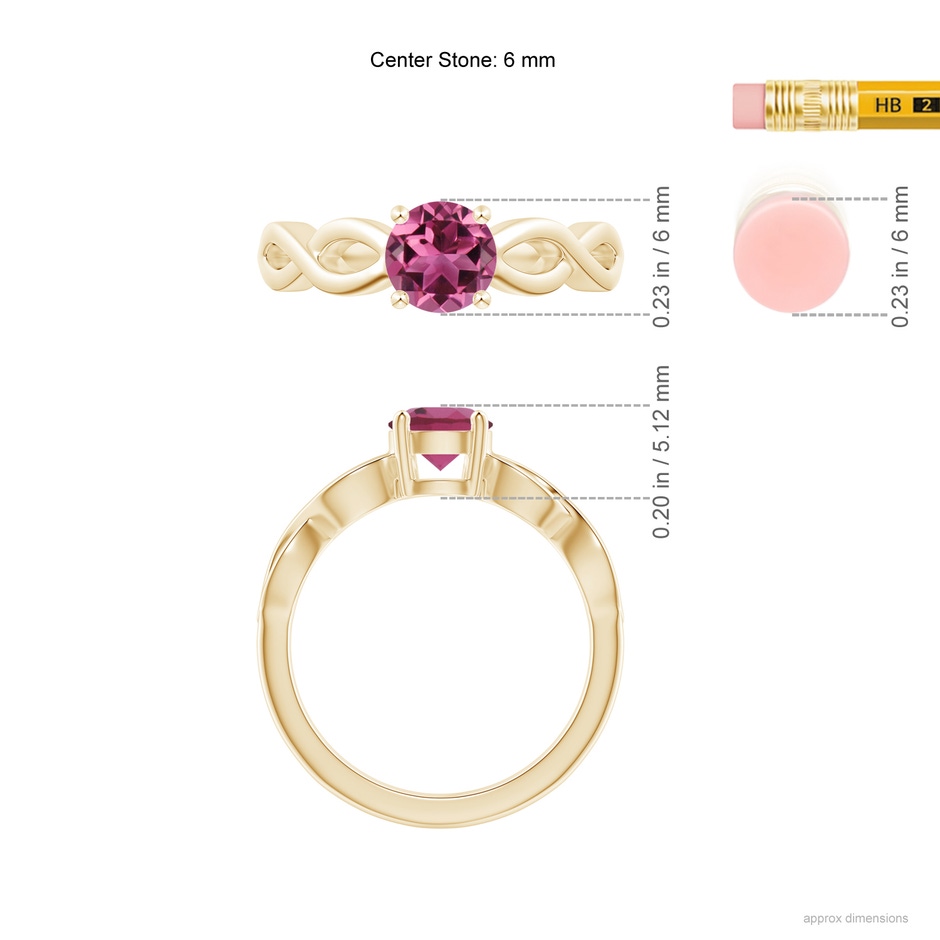 6mm AAAA Solitaire Pink Tourmaline Infinity Shank Ring in Yellow Gold ruler