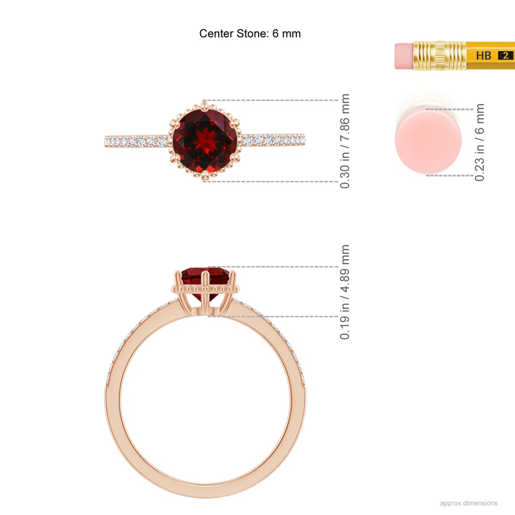 6mm AAAA Solitaire Round Garnet Ring with Diamond Accents in Rose Gold Ruler