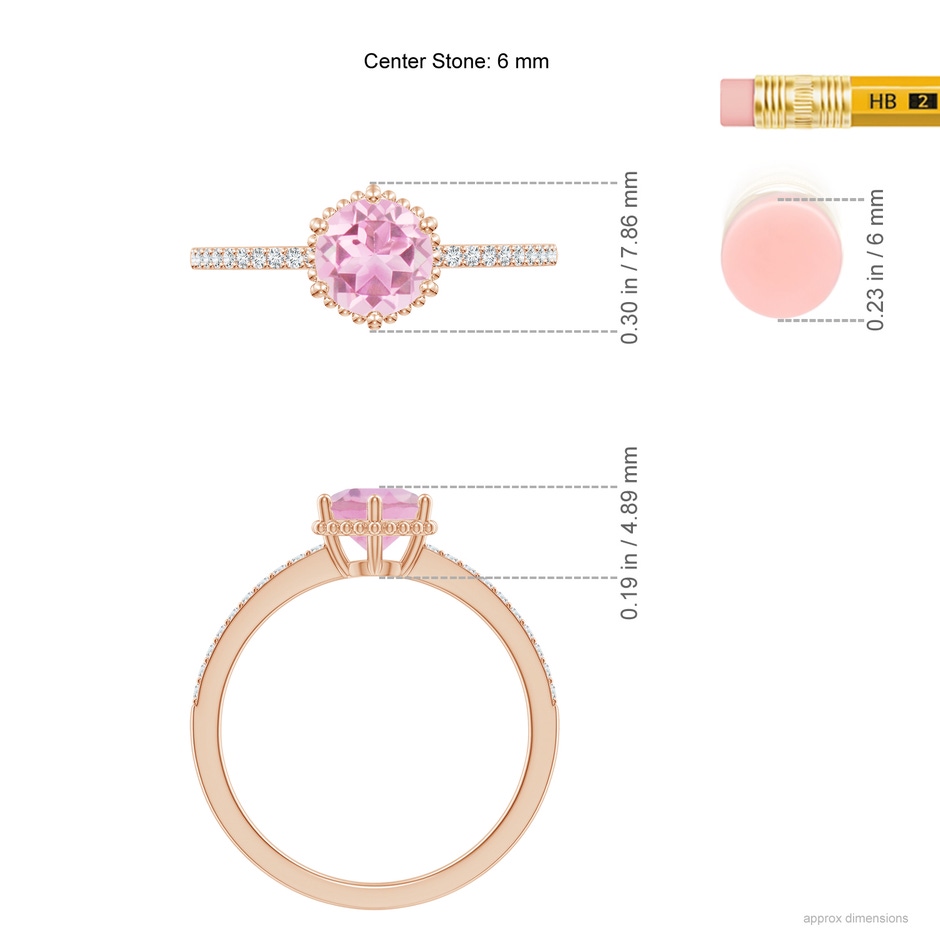 6mm A Solitaire Round Pink Tourmaline Ring with Diamond Accents in Rose Gold ruler