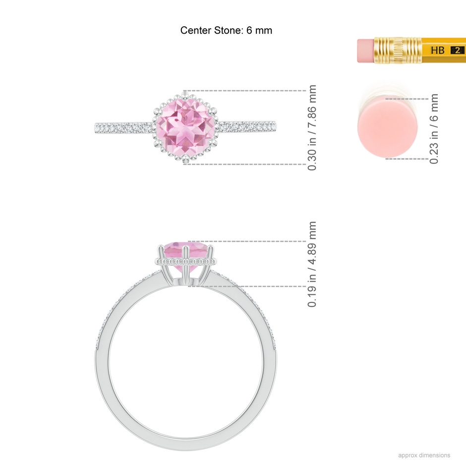 6mm A Solitaire Round Pink Tourmaline Ring with Diamond Accents in White Gold ruler