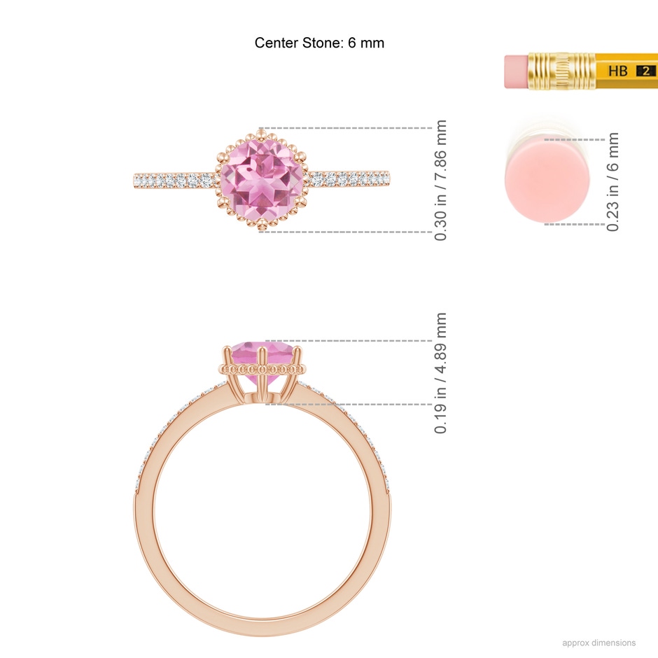 6mm AA Solitaire Round Pink Tourmaline Ring with Diamond Accents in Rose Gold ruler