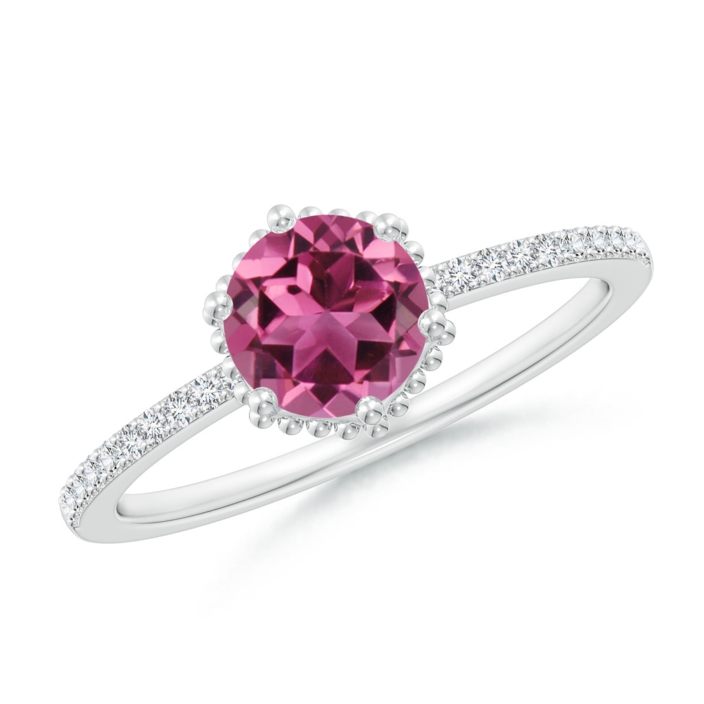 6mm AAAA Solitaire Round Pink Tourmaline Ring with Diamond Accents in P950 Platinum