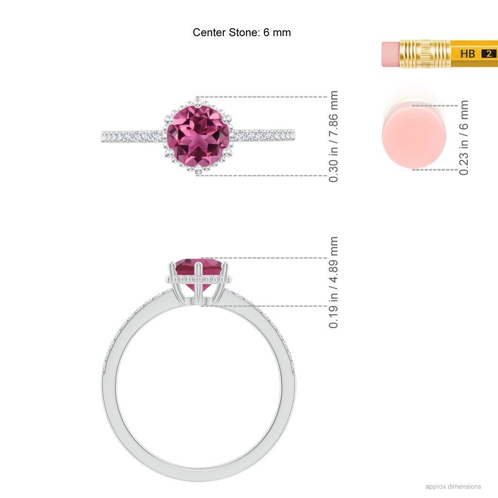 6mm AAAA Solitaire Round Pink Tourmaline Ring with Diamond Accents in P950 Platinum Ruler