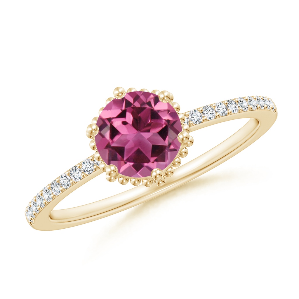 6mm AAAA Solitaire Round Pink Tourmaline Ring with Diamond Accents in Yellow Gold