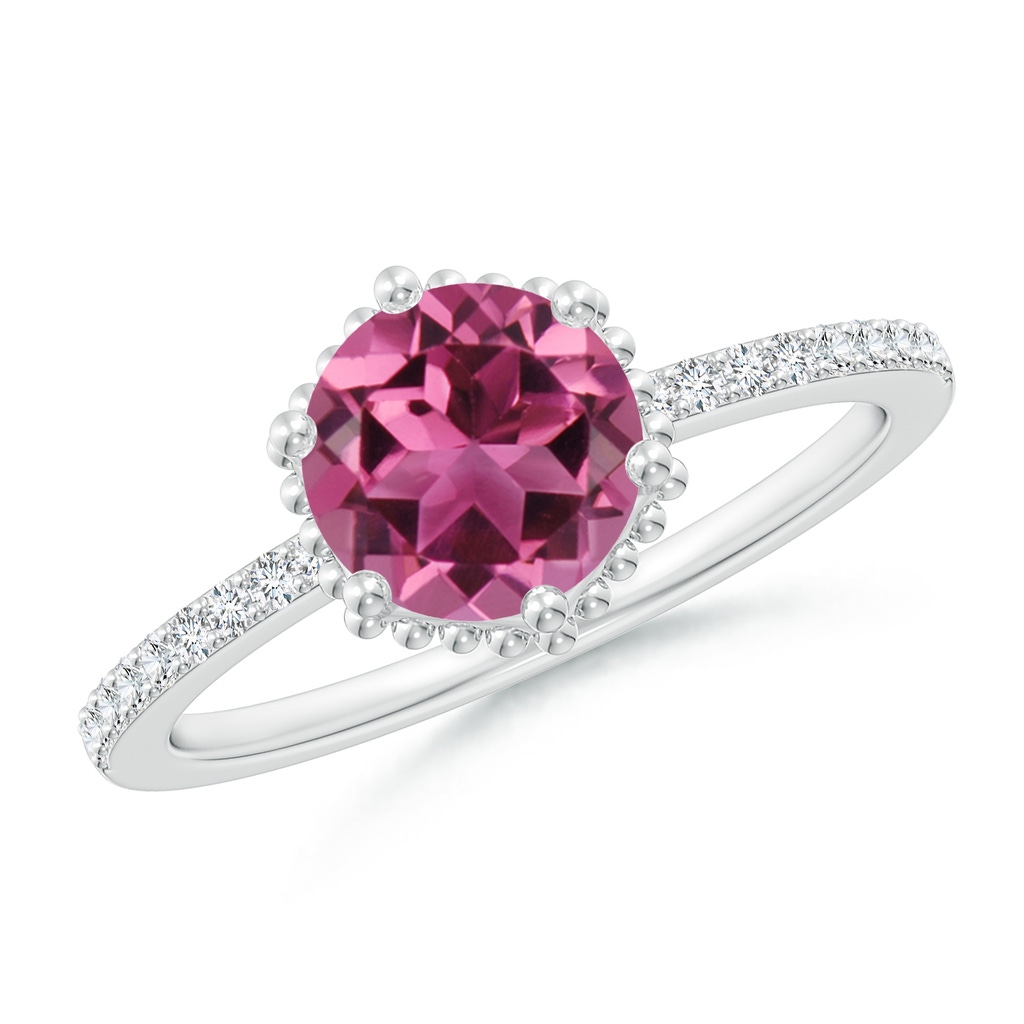 7mm AAAA Solitaire Round Pink Tourmaline Ring with Diamond Accents in White Gold