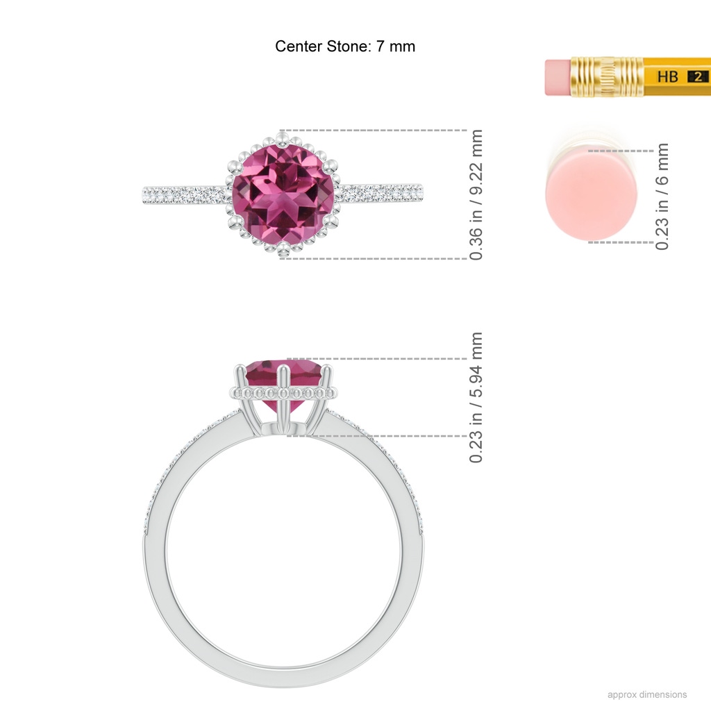 7mm AAAA Solitaire Round Pink Tourmaline Ring with Diamond Accents in White Gold Ruler