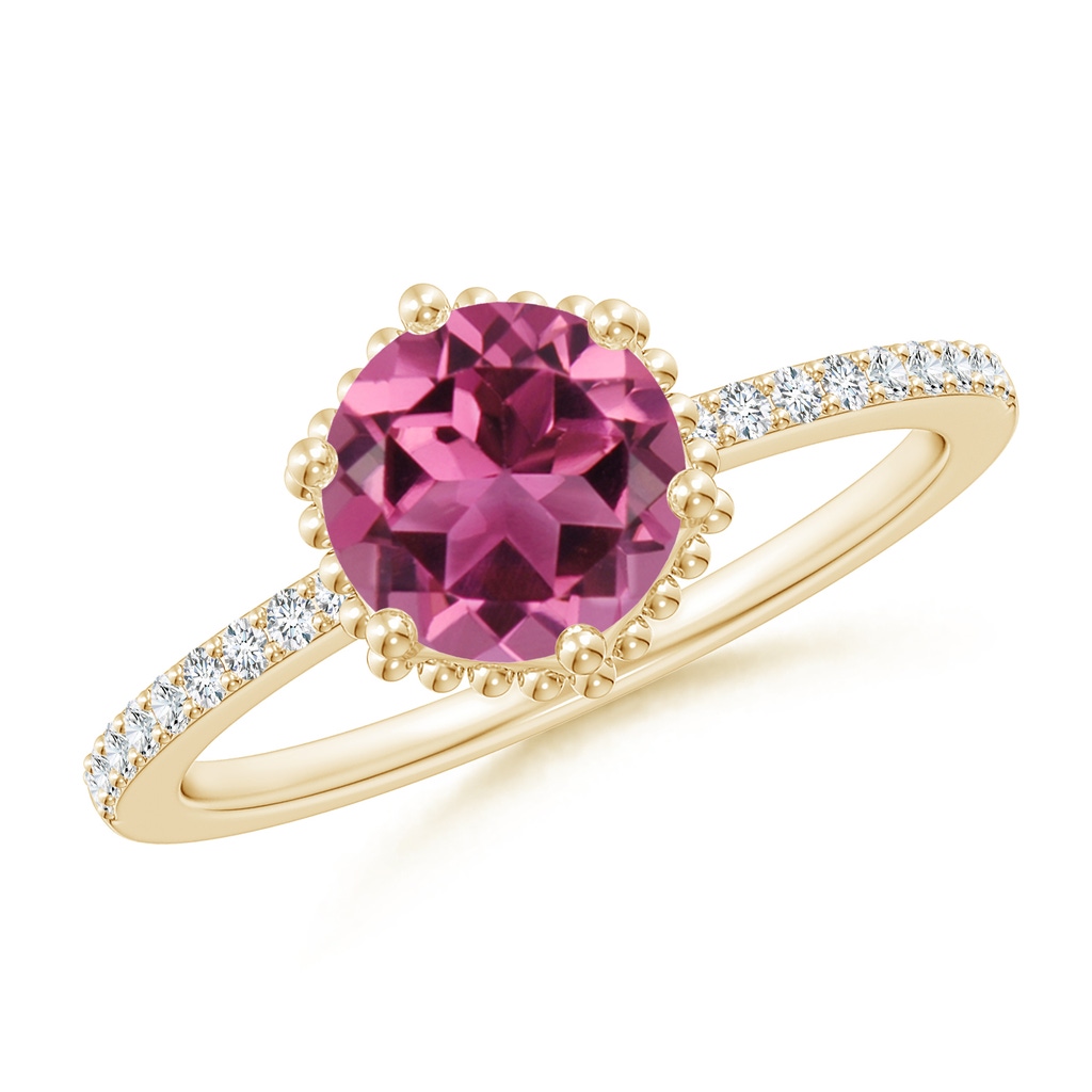 7mm AAAA Solitaire Round Pink Tourmaline Ring with Diamond Accents in Yellow Gold