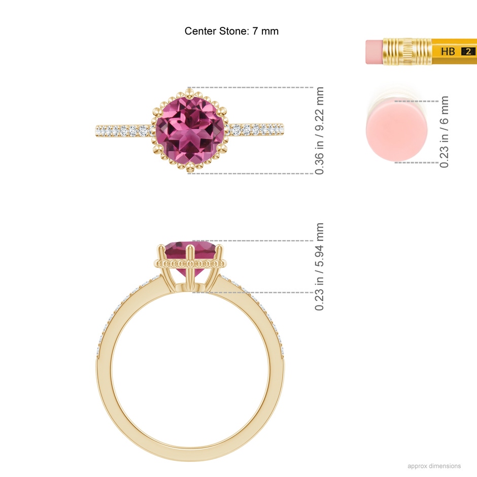 7mm AAAA Solitaire Round Pink Tourmaline Ring with Diamond Accents in Yellow Gold ruler