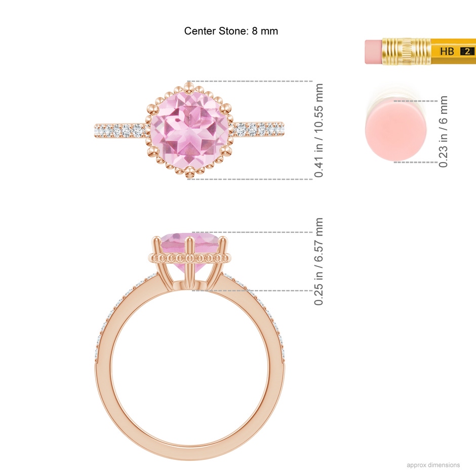 8mm A Solitaire Round Pink Tourmaline Ring with Diamond Accents in Rose Gold ruler