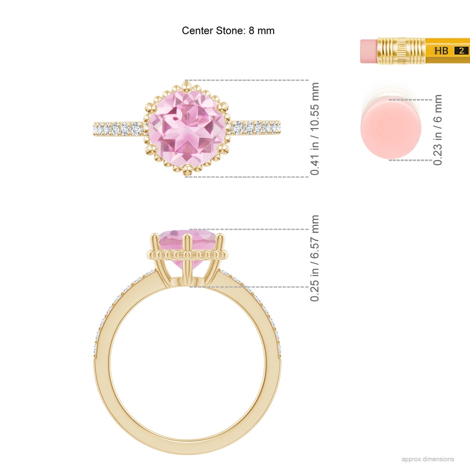 8mm A Solitaire Round Pink Tourmaline Ring with Diamond Accents in Yellow Gold ruler