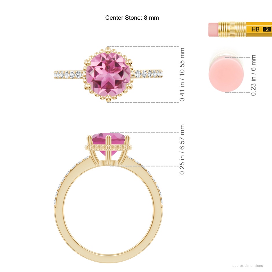 8mm AAA Solitaire Round Pink Tourmaline Ring with Diamond Accents in Yellow Gold ruler