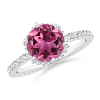 8mm AAAA Solitaire Round Pink Tourmaline Ring with Diamond Accents in P950 Platinum