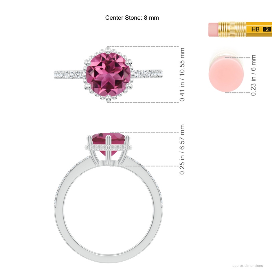 8mm AAAA Solitaire Round Pink Tourmaline Ring with Diamond Accents in P950 Platinum ruler