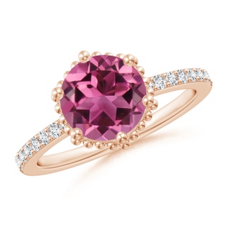 8mm AAAA Solitaire Round Pink Tourmaline Ring with Diamond Accents in Rose Gold
