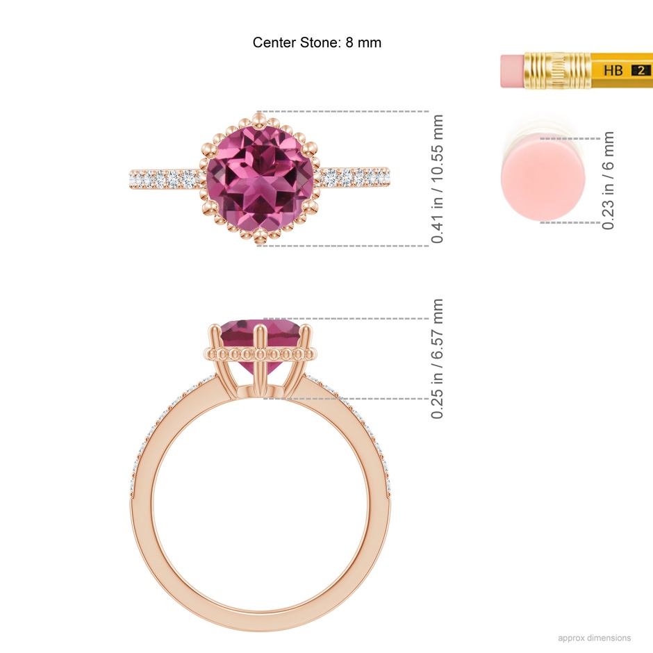 8mm AAAA Solitaire Round Pink Tourmaline Ring with Diamond Accents in Rose Gold ruler
