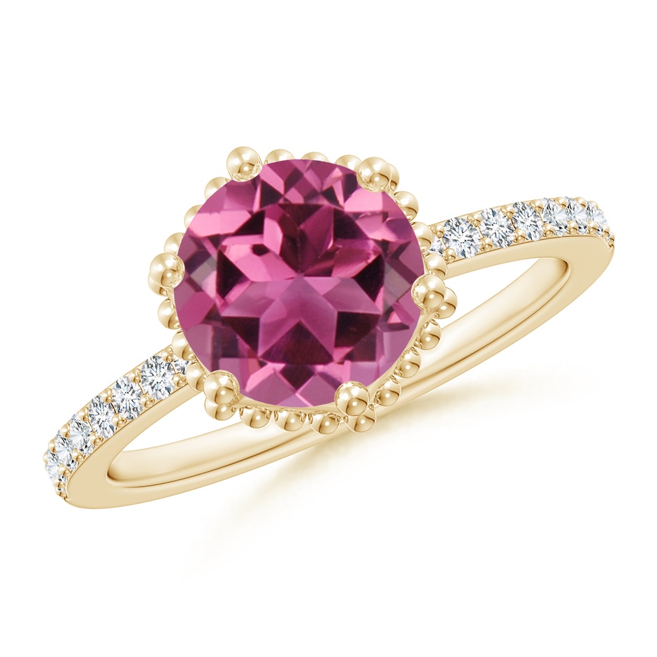 8mm AAAA Solitaire Round Pink Tourmaline Ring with Diamond Accents in Yellow Gold 