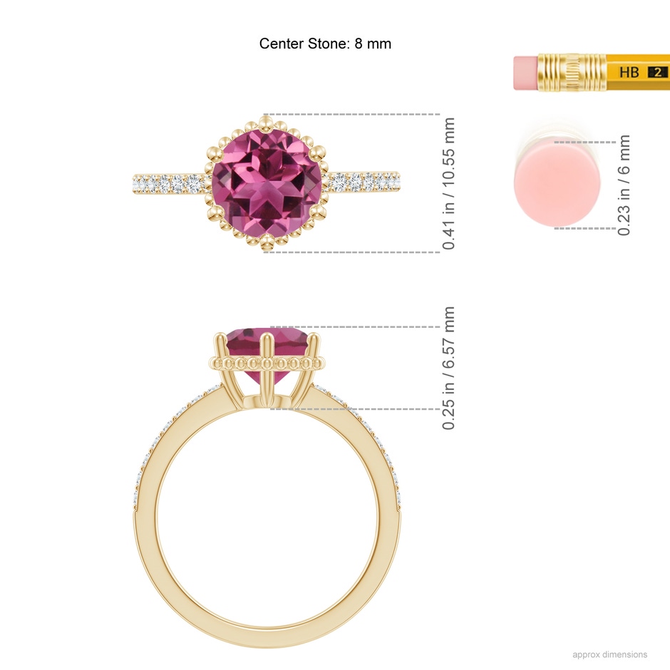 8mm AAAA Solitaire Round Pink Tourmaline Ring with Diamond Accents in Yellow Gold ruler