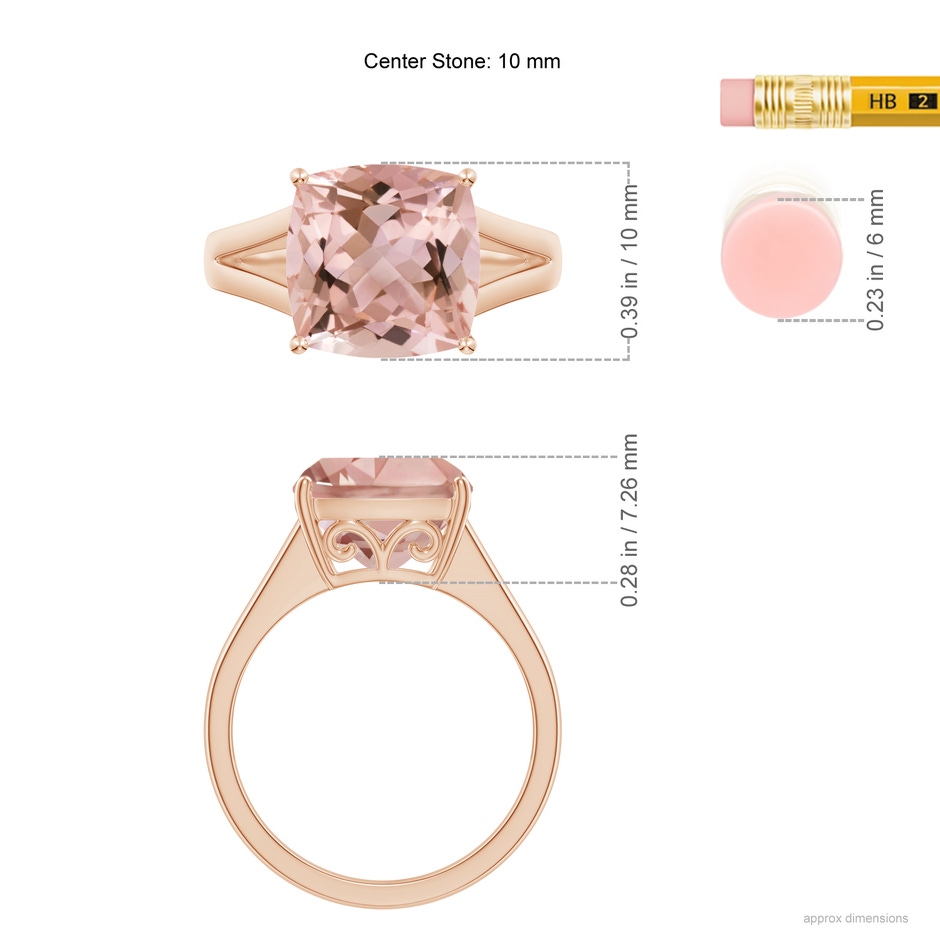 10mm AAAA Split Shank Cushion Morganite Engagement Ring in Rose Gold ruler