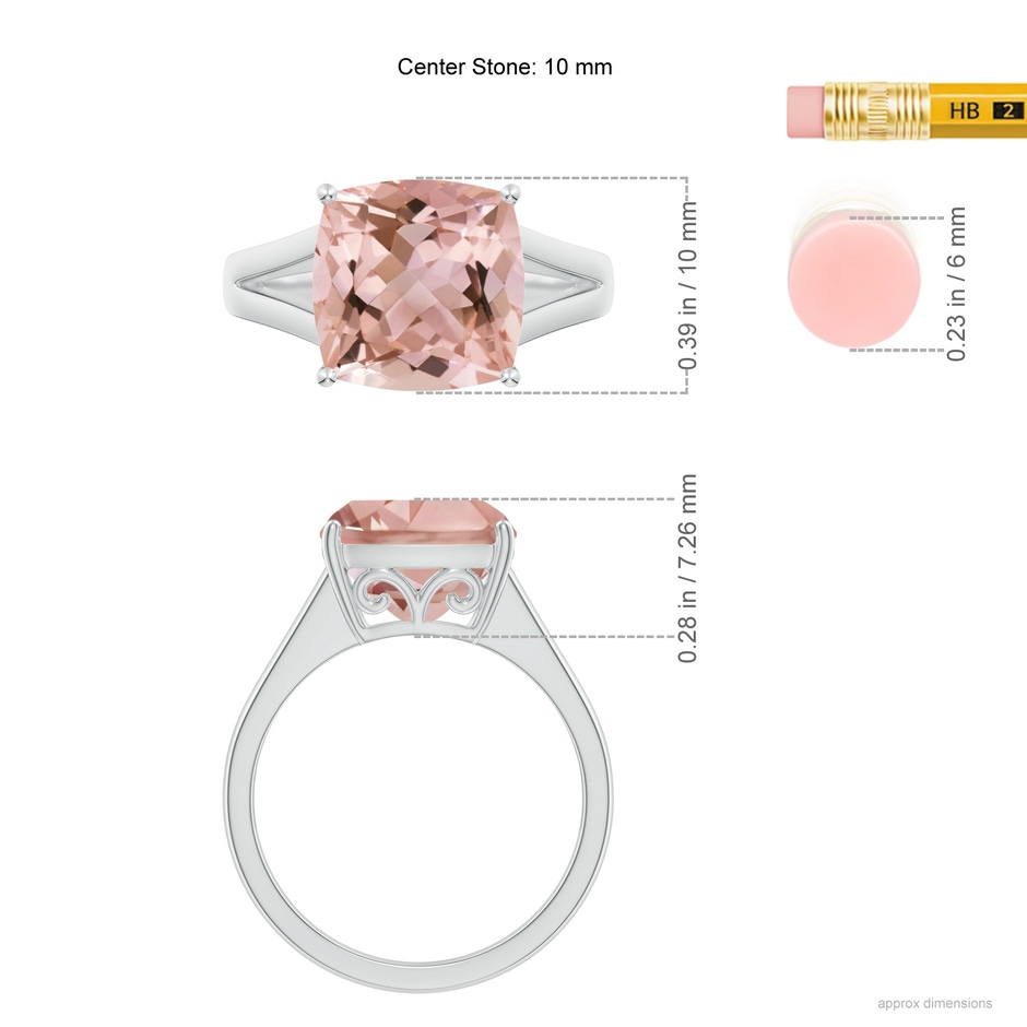 10mm AAAA Split Shank Cushion Morganite Engagement Ring in White Gold ruler