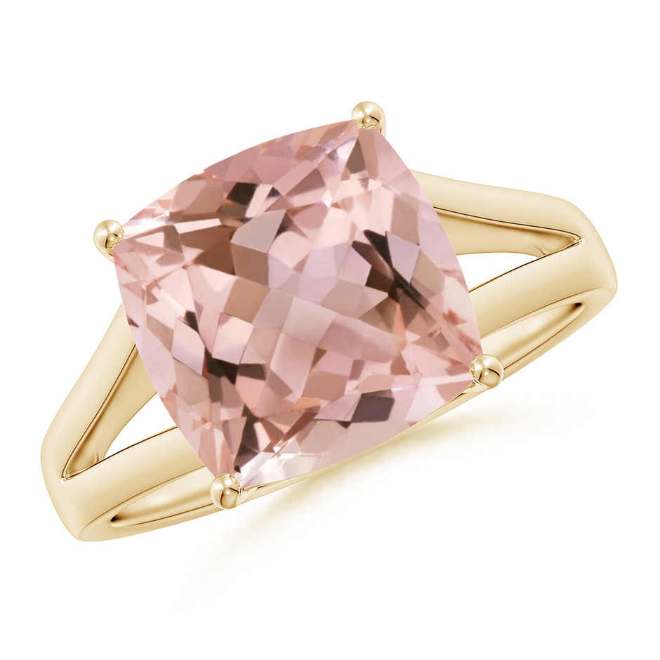 10mm AAAA Split Shank Cushion Morganite Engagement Ring in Yellow Gold 