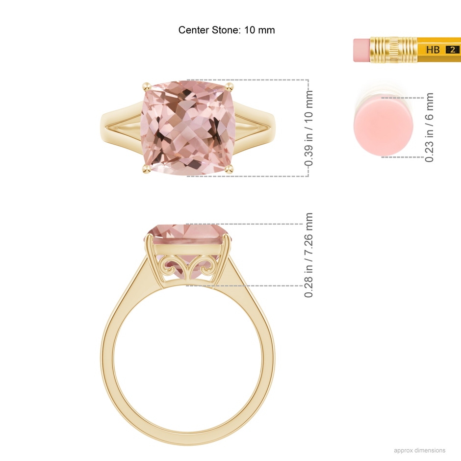 10mm AAAA Split Shank Cushion Morganite Engagement Ring in Yellow Gold ruler