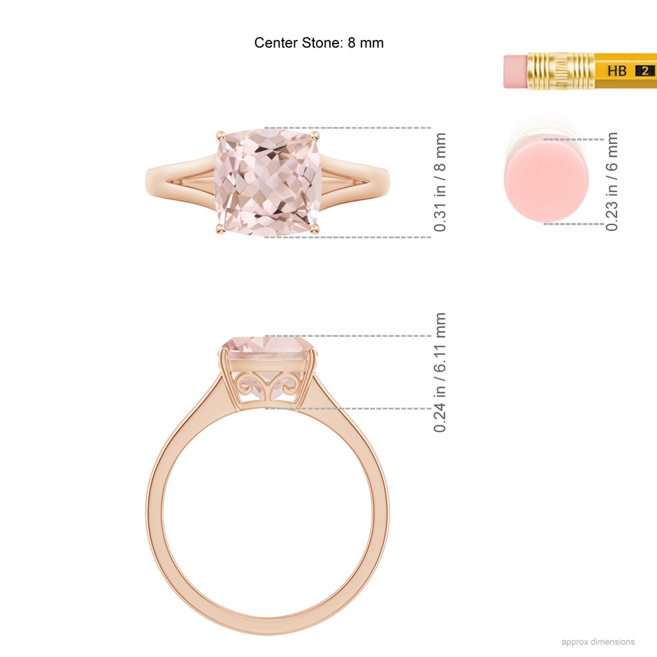 8mm A Split Shank Cushion Morganite Engagement Ring in Rose Gold ruler