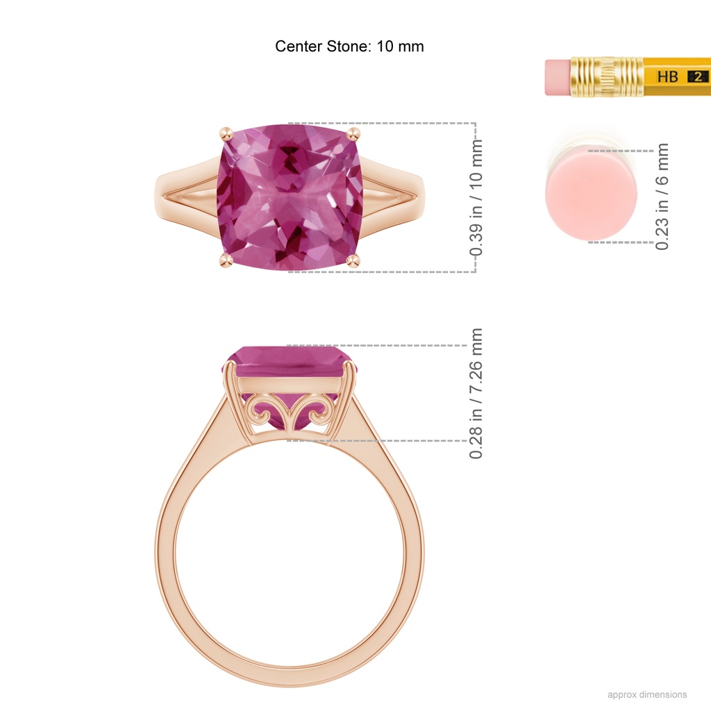 10mm AAAA Split Shank Cushion Pink Tourmaline Engagement Ring in Rose Gold Ruler