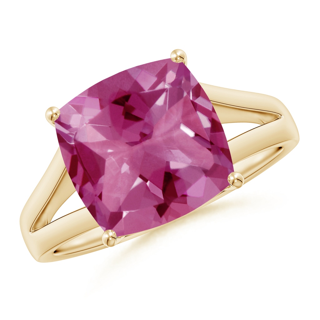 10mm AAAA Split Shank Cushion Pink Tourmaline Engagement Ring in Yellow Gold