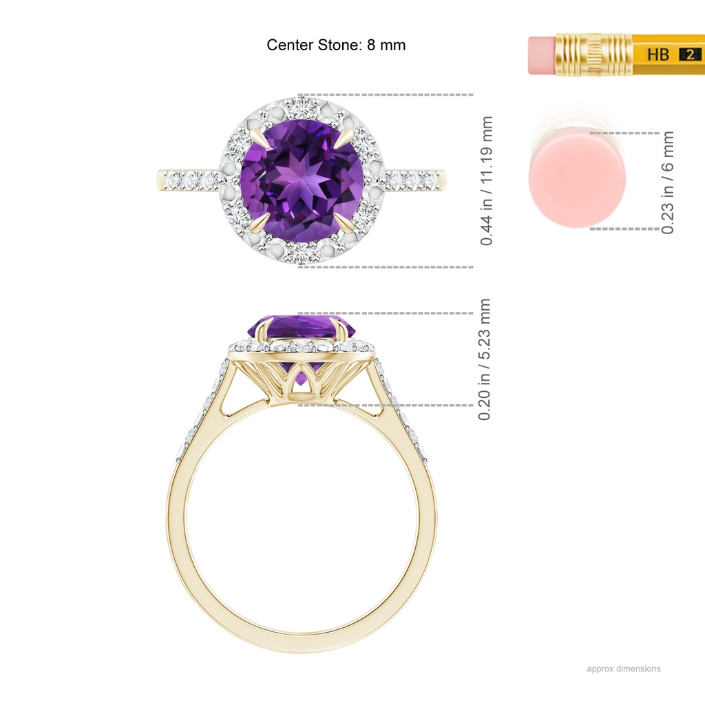 8mm AAAA Round Amethyst Engagement Ring with Diamond Halo in Yellow Gold Ruler