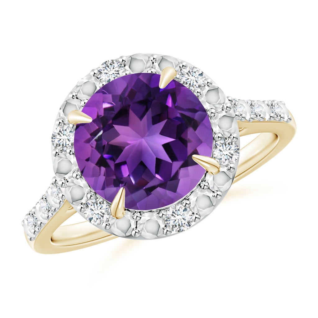 9mm AAAA Round Amethyst Engagement Ring with Diamond Halo in Yellow Gold